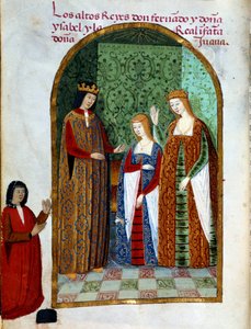König Ferdinand II., König von Aragon und Sizilien (1452 - 1516), Johanna, Königin von Kastilien (1479 - 1555) und Isabella I. von Kastilien (genannt die Katholische), Königin von Spanien (1451 - 1504). Miniatur in „Devocionario de la Reyna Da Juana a Quie von Unknown artist