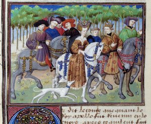 König und Königin auf der Jagd (Philipp VI. von Valois und Blanche von Navarra (?)) Miniatur aus „Le livre de la chasse“ von Gaston III Phoebus, Graf von Foix, Herr von Béarn (1331-1391) von Unknown artist
