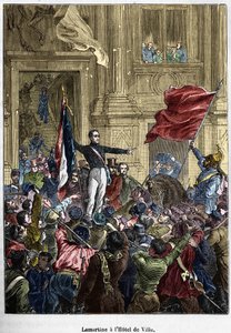 Lamartine (1790 - 1869), der die rote Fahne für die Trikolore ablehnt, im Rathaus. Paris, 26. Februar 1848. Bianchetti-Sammlung von Unknown artist