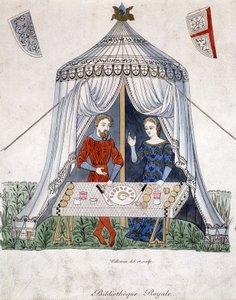 Lancelot und Guinevere essen unter einem Zelt, entnommen aus „Lancelot du lac“, nach einem Dokument von 1370 von Unknown artist