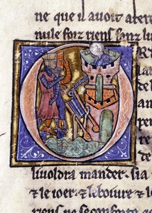 Lancelot auf der Spitze eines Turms. Manuskript: Eroberung des Heiligen Grals, geschrieben 717 Jahre nach der Passion unseres Herrn. Bibliothèque municipale de Rennes, ms. 255 (Sammlung von Romanen der Tafelrunde); Paris