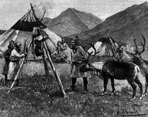 Lappland: Lager der Lappen. Gravur in „The Journal of Youth“