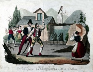 Letzte Szene des zweiten Akts von „La Sonnambula“ von Vincenzo Bellini. Gravur von 1835. von Unknown artist