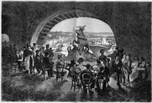 Unterhalb des Wasserfalls im Trocadero-Garten während der großen Hitze in Paris, wo sich die Pariser Spaziergänger im Schatten niederlassen. Gravur in „Le Monde Illustré“ von Unknown artist