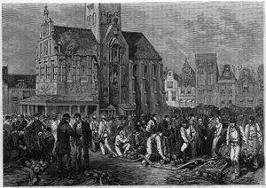 Der Käsemarkt in Hoorn, Holland. Gravur in „Le journal de la jeunesse“