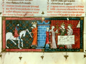 Links: Perceval erhält ein Schwert von König Pescheor. Rechts: Prozession des Heiligen Grals. Miniatur aus „Tale du Grail“