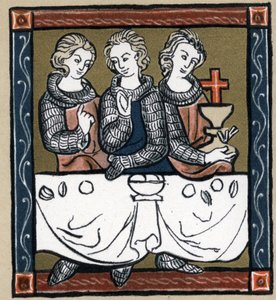 Artussage: Galahad (Gaalad oder Galaad), Perceval und Bohort (Bors oder Borrt) mit dem Heiligen Gral. In „Geschichte der französischen Literatur“ von Hermann Suchier von Unknown artist