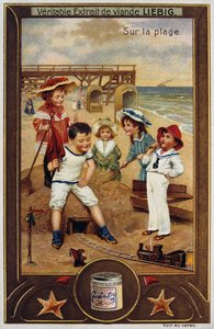 Leibig-Karte zeigt französische Kinder am Strand, 1890