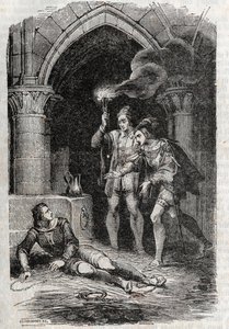 Leon (Leone) befreit Roger (Ruggero, Ruggiero) - Gravur von 1851 aus „Roland der Rasende“ (Orlando furioso) (16. Jahrhundert) von Ludovico Ariosto, bekannt als der Ariosta - Ausgabe, übersetzt aus dem Italienischen von Graf von Tressan und veröffentlicht v von Unknown artist