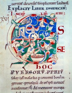 Lettrine C; eine Weinrebe, frühes 12. Jahrhundert. Miniatur des Mittelalters. Manuskript „Moralia in Job“ aus der Abtei Citeaux für Papst Gregor I