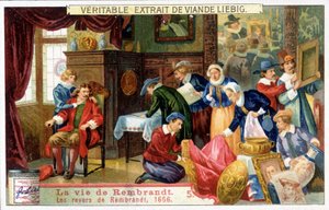 Liebig-Chromolithographie über das Leben von Rembrandt (1606 - 1669), niederländischer Maler. Dies sind Rembrandts Rückschläge im Jahr 1656