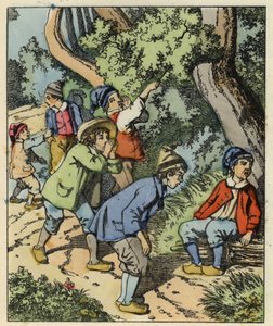 Der kleine Däumling und seine Brüder, die von ihren Eltern im Wald ausgesetzt wurden. Illustration des Märchens „Der kleine Däumling“ von Charles Perrault von Unknown artist