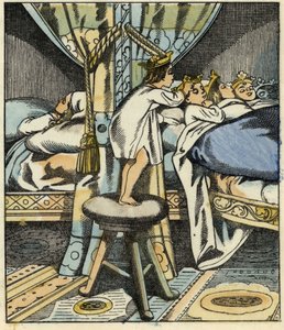Der kleine Däumling setzt die Kronen der sieben Töchter des Ogers auf die Köpfe seiner Brüder. Illustration des Märchens „Der kleine Däumling“ von Charles Perrault