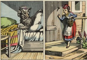 Rotkäppchen klopft an die Tür ihrer Großmutter. Illustration aus dem Märchen „Rotkäppchen“ von Charles Perrault von Unknown artist
