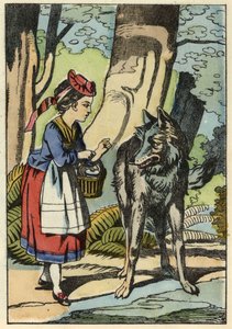 Rotkäppchen trifft den Wolf im Wald. Illustration des Märchens „Rotkäppchen“ von Charles Perrault