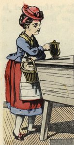 Rotkäppchen legt Essen für ihre Großmutter auf die Truhe. Illustration aus dem Märchen „Rotkäppchen“ von Charles Perrault