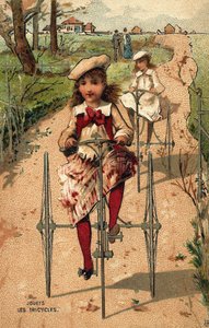 Kleine Mädchen fahren Dreirad. Chromolithographie um 1890 von Unknown artist