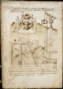 Lasthebesystem für Baustellen - Manuskript: Pergamentblatt eines Ingenieurhandbuchs für den Bau ziviler, religiöser und militärischer Gebäude, anonym, späte 15. Jahrhundert (Figur in chinesischer Tinte) von Unknown artist