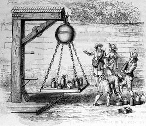 Laden von Magdeburger Halbkugeln, die zur Berechnung des atmosphärischen Drucks aufgehängt sind - in „Ottonis de Guericke: Experimenta Nova Magdeburgica de vacuo spatio“ von Otto von Guericke