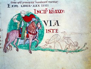 Herr bei der Falkenjagd. Miniatur des Mittelalters. Manuskript „Moralia in Job“ aus der Abtei Citeaux für Papst Gregor I