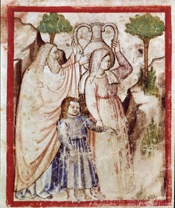 Lot geht mit seinen Töchtern auf den Berg, um der Zerstörung von Sodom zu entkommen. Die Töchter werden ihren Vater berauschen. Miniatur aus Codex 212 (oder Padovano Codice oder Bibel von Padua) 1390-1400 Rovigo, Accademia dei Concordi