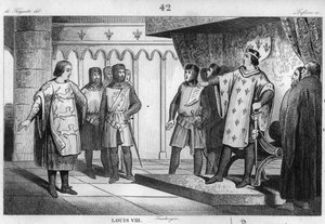Ludwig VIII. (1187-1226) der Löwe empfängt einen Gesandten seines Feindes Heinrich III. (1207-72) von England - Ludwig VIII. genannt „Der Löwe“ (1187-1226), Dynastie der Kapetinger, antwortet stolz und fest auf einen Gesandten des Königs von England Heinri
