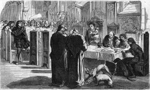Louis de la Trémoille und seine Gefangenen nach der Schlacht von Saint-Aubin-du-Cormier (1488). Gravur aus dem 19. Jahrhundert.