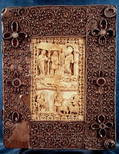 Unteres Gericht des Psalters von Karl dem Kahlen (Karl II.): Elfenbeinminiatur, die zeigt, wie Nathan das Kind tötet, das aus der ehebrecherischen Beziehung des Königs von Israel David und Bathseba stammt von Unknown artist