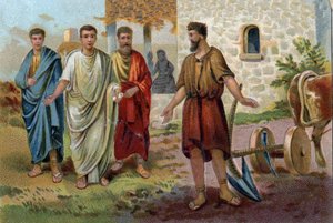 Lucius Quinctius Cincinnatus (ca. 520/ca. 430 v. Chr.), römischer Konsul, bei landwirtschaftlichen Aufgaben, als die Senatoren (Senat des Römischen Reiches) ihn baten, das Oberkommando zu übernehmen und 458 v. Chr. Diktator von Rom zu werden. Chromolithogr