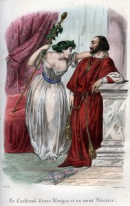 Lucrezia Borgia (1480-1519) mit ihrem Bruder Cesare Borgia. Gravur von 1842 in „Histoire des papes: crimes, murders, poisonings, parricides, adulteres, incest...“ von Maurice Lachatre. Private Sammlung