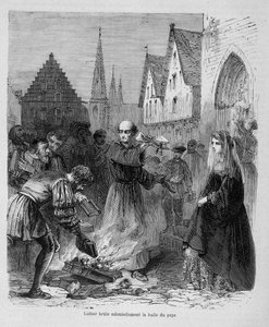 Luther verbrennt feierlich die päpstliche Bulle - in „Geschichte der Päpste“ von Maurice Lachatre, sd. 19. Jahrhundert von Unknown artist