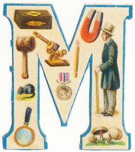 M: Streichhölzer, Magnet, Hammer, Mikroskop, Maus, Medaille, Mann, Lupe, Pilze