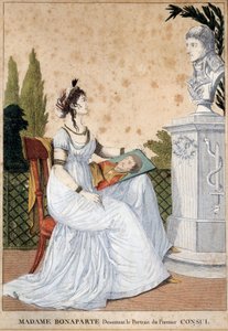 Madame Bonaparte zeichnet das Porträt des Ersten Konsuls Josephine de Beauharnais (1763-1814) vor der Büste ihres Mannes Napoleon Bonaparte (1769-1821). Anonymer Druck. 1799-1804 Malmaison, Musée du Château