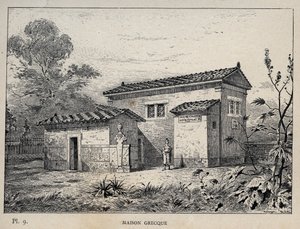 Griechisches Haus - Gravur von 1889 in „Geschichte der menschlichen Behausung auf der Weltausstellung von 1889, von Herrn Charles Garnier - Zentralbibliothek der Schönen Künste Paris 1889 von Unknown artist
