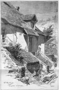 Haus von George Sand (Aurore Dupin, Baronne Dudevant) (1804-1876), französische Schriftstellerin, in Gargilesse (Indre) an den Ufern der Creuse in Frankreich. Gravur in „Le Monde Illustré“ von Unknown artist