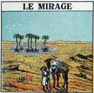Mann in der Wüste, mit seinem Kamel, vor einer Fata Morgana.