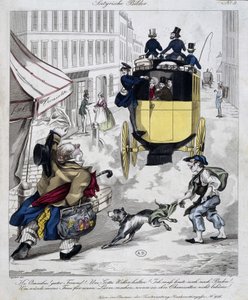 Mann verpasst den Omnibus. Karikatur um 1840