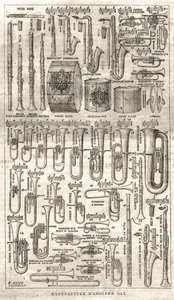 Herstellung von Adolphe (Adolph) Sax, Erfinder des Saxophons (1814-1894). Gravur in „Das illustrierte Universum“ von 1867