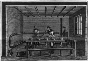 Herstellung von Vaseline. Anordnung einer Filtrationseinheit auf dem schwarzen Tier. Gravur von 1885. von Unknown artist