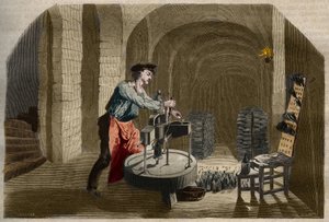 Herstellung von Champagner: Abfüllmaschine, die in einem Keller verwendet wird. Gravur von 1858 im „Le Musée Des Sciences“.