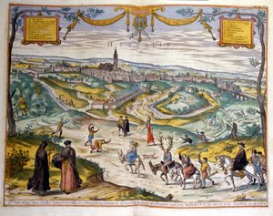 Karte der Stadt Sevilla im Jahr 1590. Unten rechts im Bild machen sich die Dorfbewohner über einen gehörnten Mann auf seinem Esel lustig