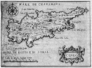 Karte der Insel Zypern (Cipro) im Jahr 1587 in „Il devotissimo viaggio di Gerusalemme“. von Unknown artist