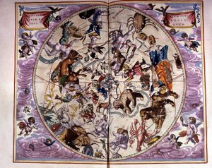 Himmelskarte und Tierkreiszeichen - Faksimile einer antiken Komposition, die die Sternbilder des nördlichen Himmels darstellt, nach der „Harmonia Macrocosmica“ von André Cellarius von Unknown artist