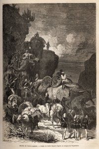 Marsch der englischen Armee zum Dalanta-Plateau, den Truppen von Kaiser Theodoros (ca. 1818-1868) folgend, mit Elefanten für den Transport von Artilleriestücken. Gravur zur Illustration der Geschichte "Les captifs de Theodoros", von Doktor Henry Blanc