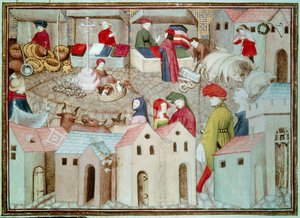 Markt von Champeaux in Paris. Vieh- und Geflügelhändler, Tuchhändler. Miniatur aus 