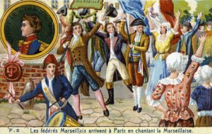 Marseille-Föderierte kommen in Paris an und singen die Marseillaise - Chromolithographie, späte 19. Jahrhundert von Unknown artist
