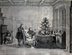 Martin Luther (1483-1546) deutscher Reformator feiert Weihnachten mit der Familie. Gravur des 19. Jahrhunderts