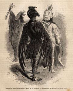 Masken und Verkleidungen für den Medizintanz unter den Naya-Indianern. Gravur zur Illustration eines Ausflugs unter die Indianerstämme der Becken von Kolumbien und Ober-Missouri, von G. Catlin, 1855, veröffentlicht in „Le tour du monde“, unter der Leitung von Unknown artist