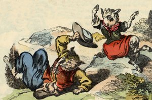 Meister Fuchs spielt mit Little Goat. Illustration des Märchens „Bon Medor und Little Chevrette“. In „Märchen aus dem Heim für die Kleinen“. Anonyme Gravur des 19. Jahrhunderts. von Unknown artist