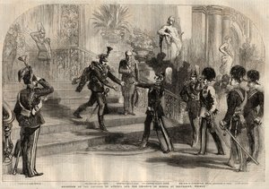 Treffen zwischen dem russischen Zaren Alexander II. (1818-1881) und dem österreichischen Kaiser Franz Joseph I. (1830-1916) im Belvedere in Weimar (Deutschland). Von links nach rechts: Alexander II., Franz Joseph I., Karl Alexander Herzog von Sachsen-Weim